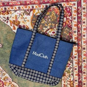 ModCloth Blue Denim Plaid Trim Logo Canvas Shoulder Tote Bag / Purse